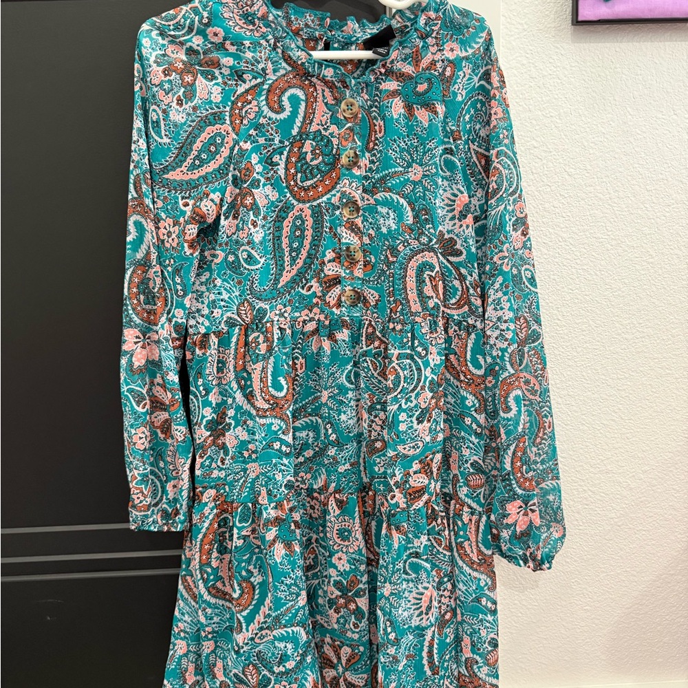 Art Class Teal and Brown Paisley Kids Dress